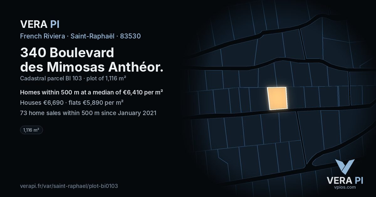 340 Boulevard des Mimosas Anthéor, Saint-Raphaël at night – the plot lit, the parcels around coloured by the prices near them