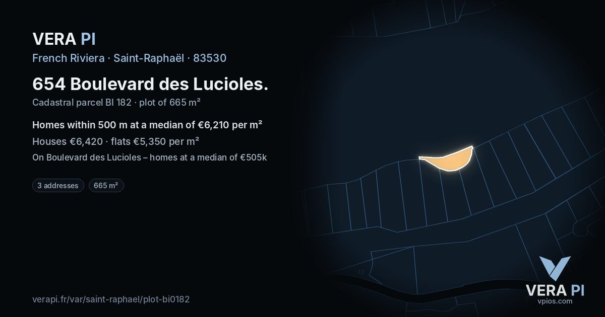 654 Boulevard des Lucioles, Saint-Raphaël at night – the plot lit, the parcels around coloured by the prices near them