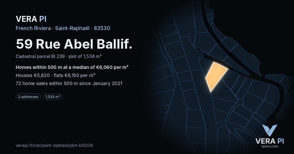 59 Rue Abel Ballif, Saint-Raphaël at night – the plot lit, the parcels around coloured by the prices near them