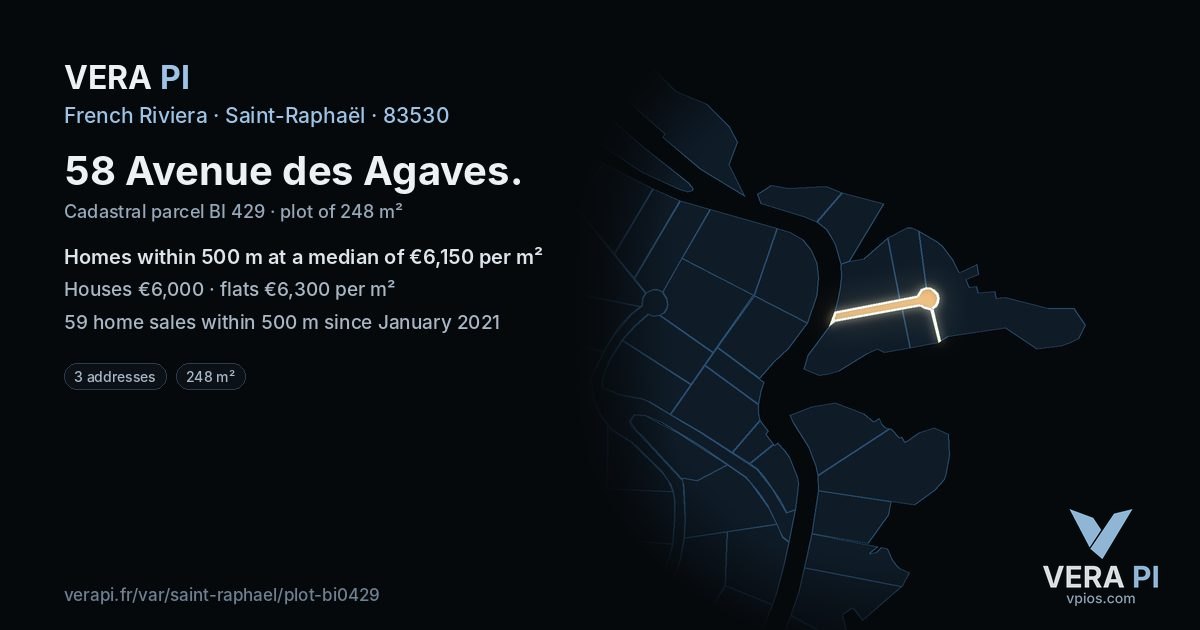 58 Avenue des Agaves, Saint-Raphaël at night – the plot lit, the parcels around coloured by the prices near them