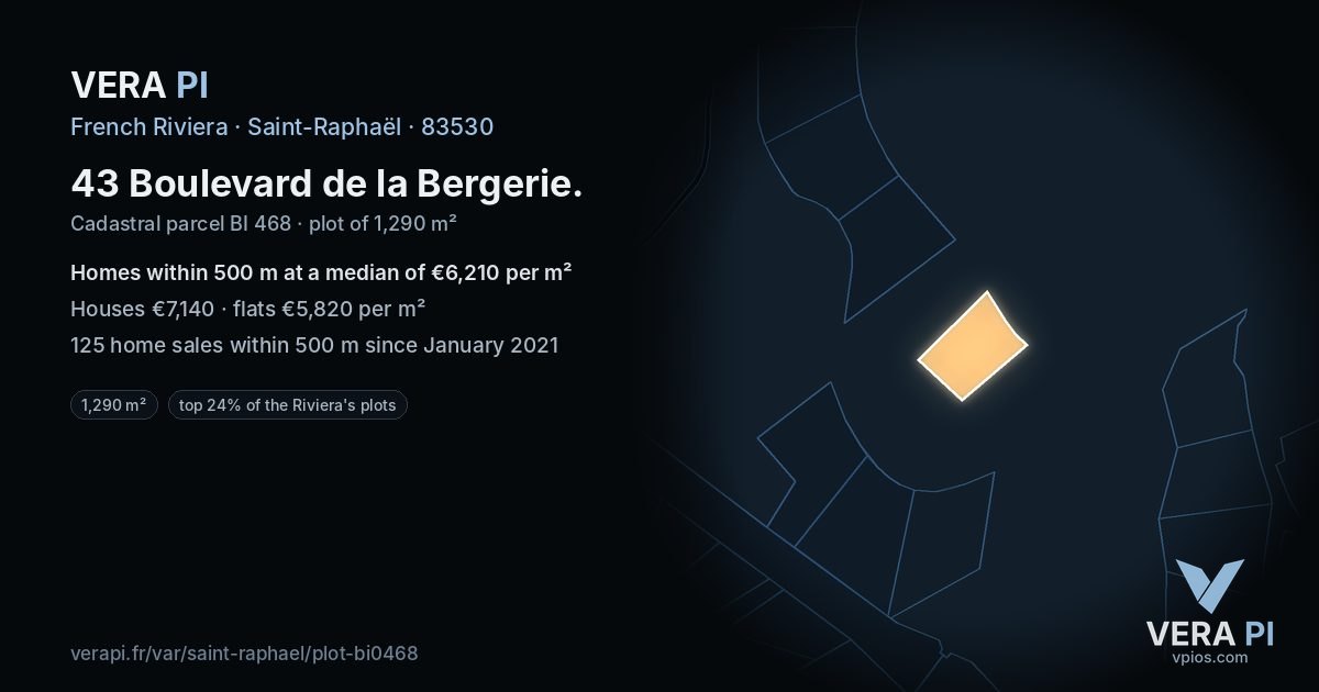 43 Boulevard de la Bergerie, Saint-Raphaël at night – the plot lit, the parcels around coloured by the prices near them