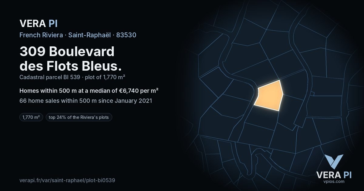 309 Boulevard des Flots Bleus, Saint-Raphaël at night – the plot lit, the parcels around coloured by the prices near them
