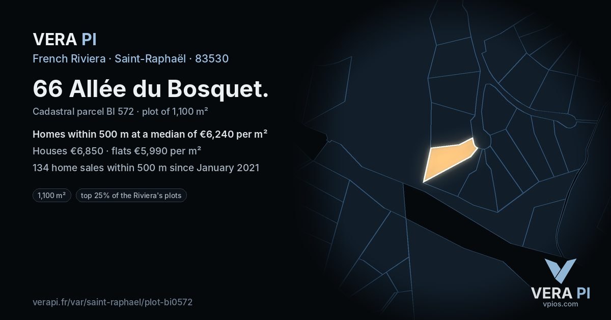66 Allée du Bosquet, Saint-Raphaël at night – the plot lit, the parcels around coloured by the prices near them