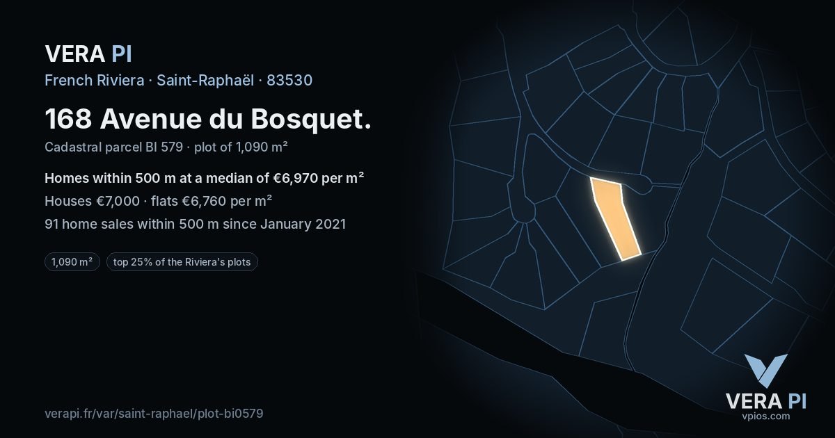 168 Avenue du Bosquet, Saint-Raphaël at night – the plot lit, the parcels around coloured by the prices near them