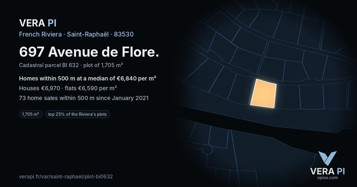 697 Avenue de Flore, Saint-Raphaël at night – the plot lit, the parcels around coloured by the prices near them