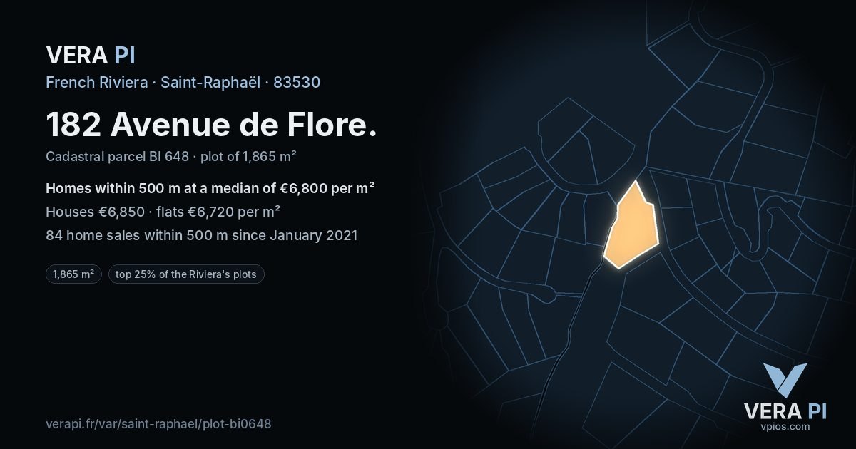 182 Avenue de Flore, Saint-Raphaël at night – the plot lit, the parcels around coloured by the prices near them