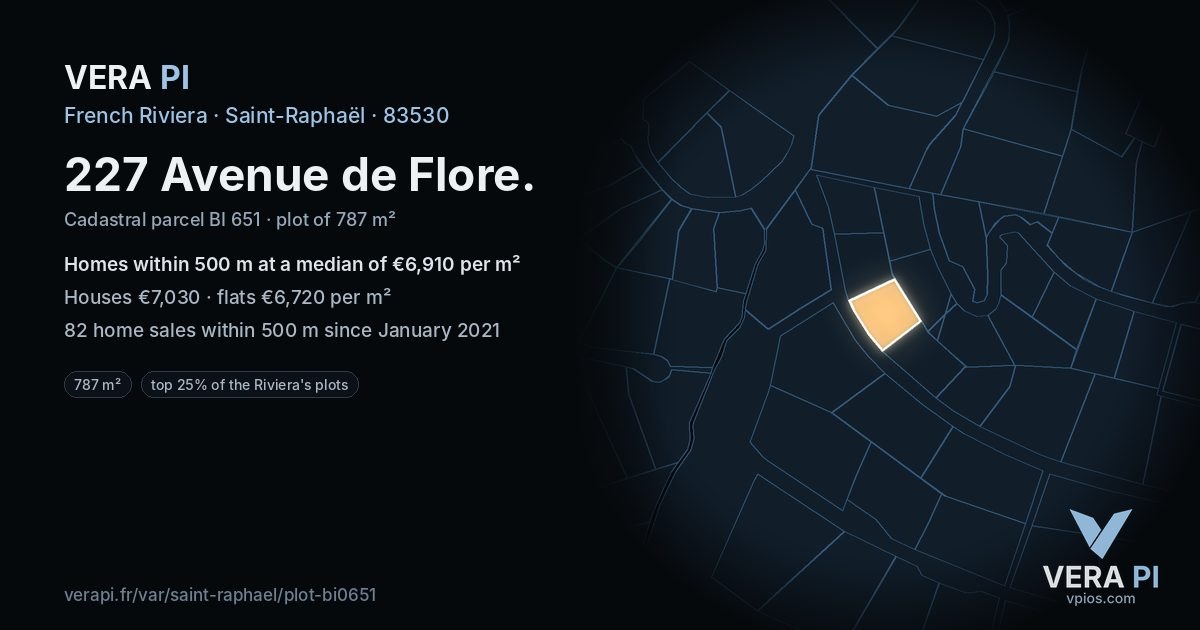 227 Avenue de Flore, Saint-Raphaël at night – the plot lit, the parcels around coloured by the prices near them