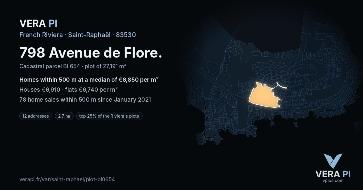 798 Avenue de Flore, Saint-Raphaël at night – the plot lit, the parcels around coloured by the prices near them