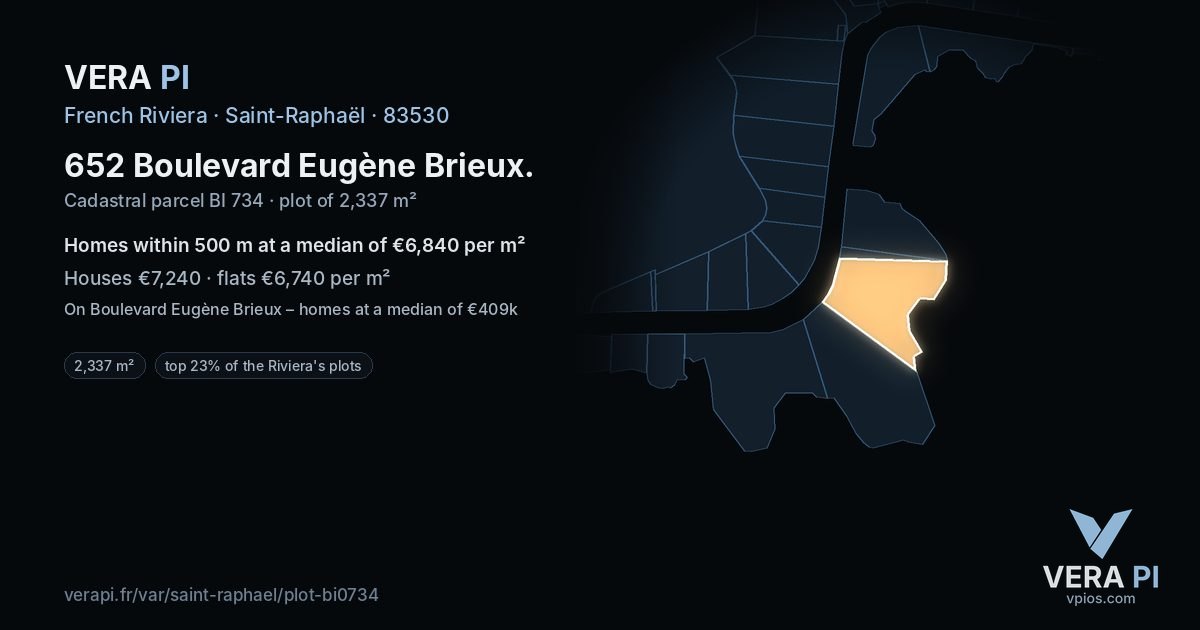 652 Boulevard Eugène Brieux, Saint-Raphaël at night – the plot lit, the parcels around coloured by the prices near them