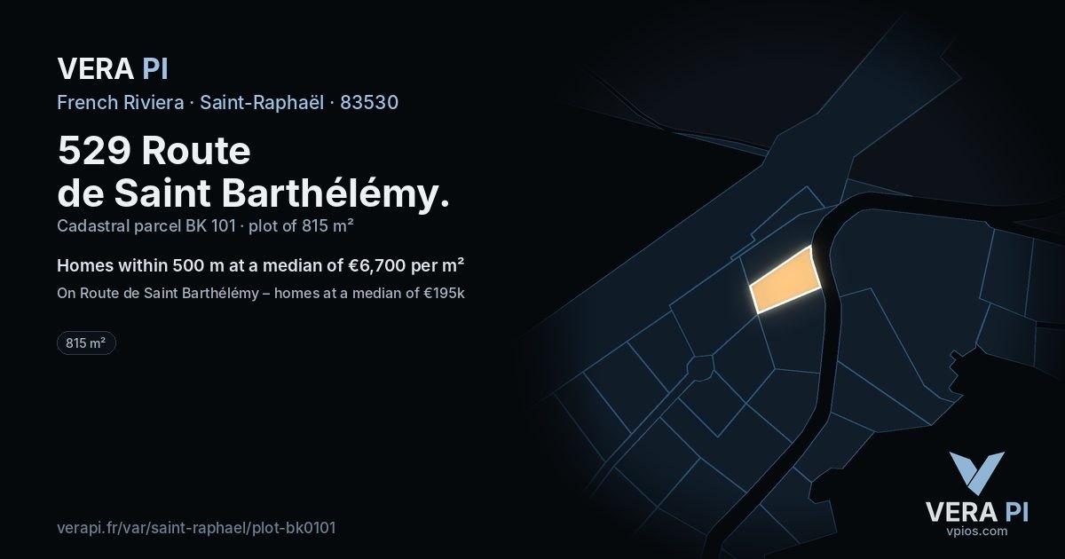 529 Route de Saint Barthélémy, Saint-Raphaël at night – the plot lit, the parcels around coloured by the prices near them