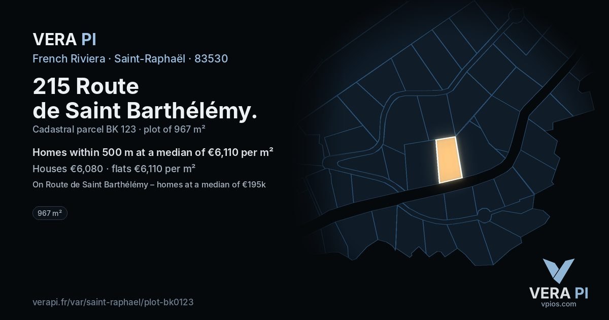 215 Route de Saint Barthélémy, Saint-Raphaël at night – the plot lit, the parcels around coloured by the prices near them