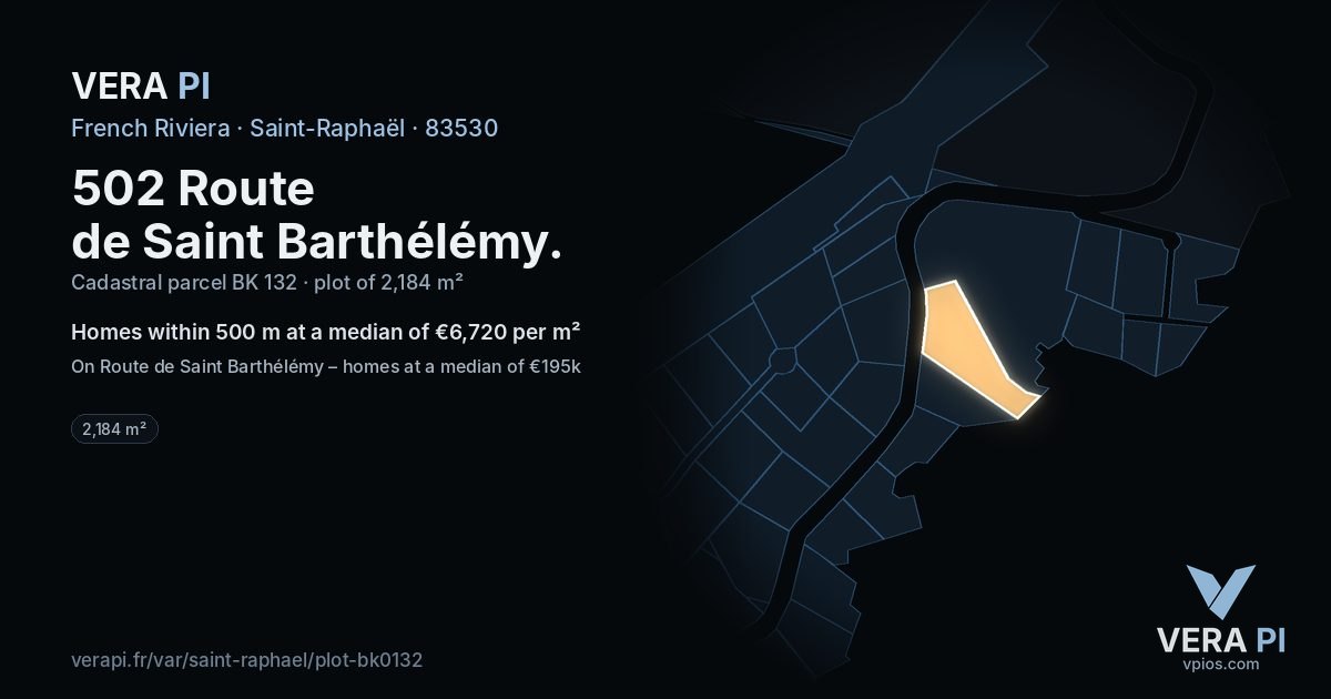 502 Route de Saint Barthélémy, Saint-Raphaël at night – the plot lit, the parcels around coloured by the prices near them