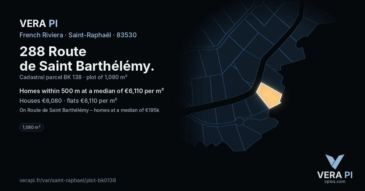 288 Route de Saint Barthélémy, Saint-Raphaël at night – the plot lit, the parcels around coloured by the prices near them