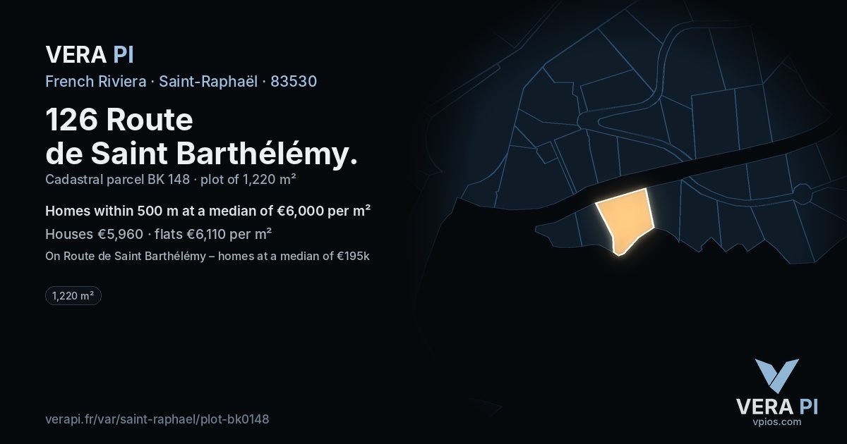 126 Route de Saint Barthélémy, Saint-Raphaël at night – the plot lit, the parcels around coloured by the prices near them