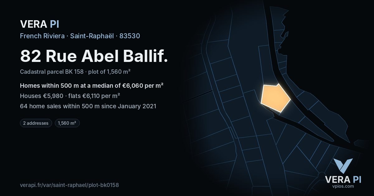 82 Rue Abel Ballif, Saint-Raphaël at night – the plot lit, the parcels around coloured by the prices near them