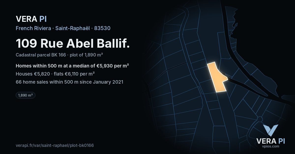 109 Rue Abel Ballif, Saint-Raphaël at night – the plot lit, the parcels around coloured by the prices near them