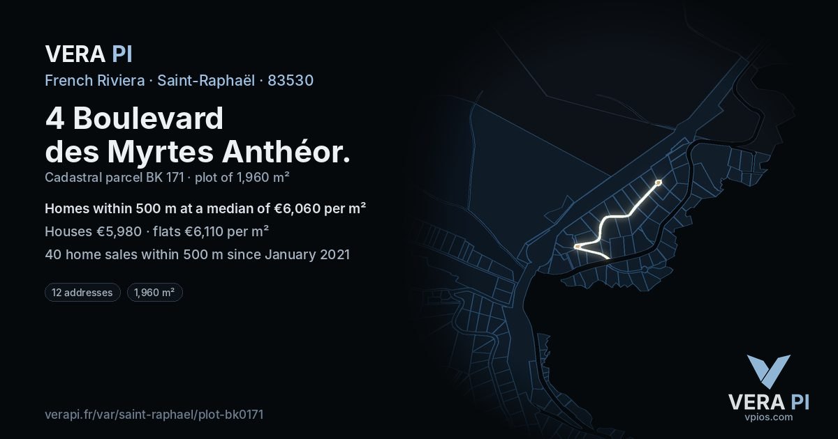 4 Boulevard des Myrtes Anthéor, Saint-Raphaël at night – the plot lit, the parcels around coloured by the prices near them