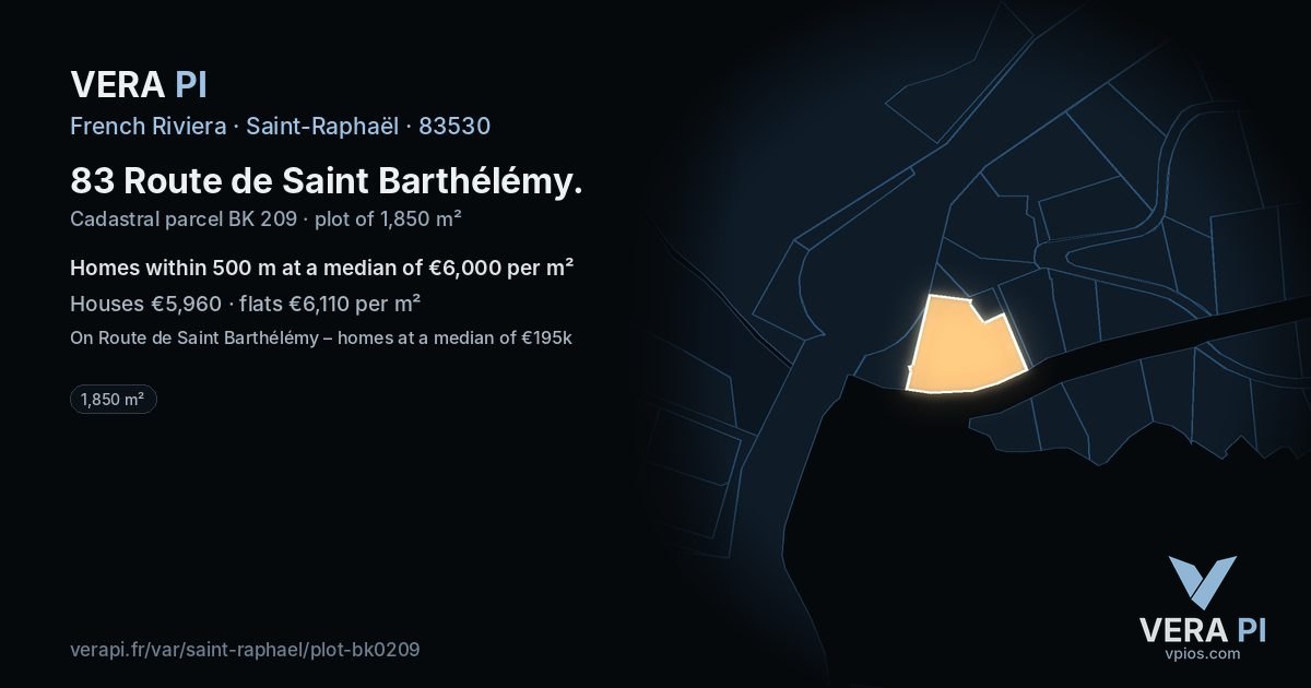83 Route de Saint Barthélémy, Saint-Raphaël at night – the plot lit, the parcels around coloured by the prices near them
