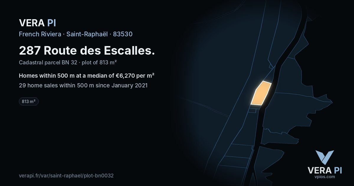 287 Route des Escalles, Saint-Raphaël at night – the plot lit, the parcels around coloured by the prices near them