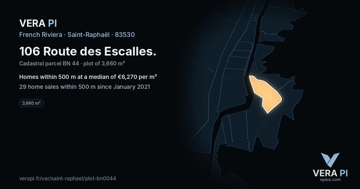 106 Route des Escalles, Saint-Raphaël at night – the plot lit, the parcels around coloured by the prices near them