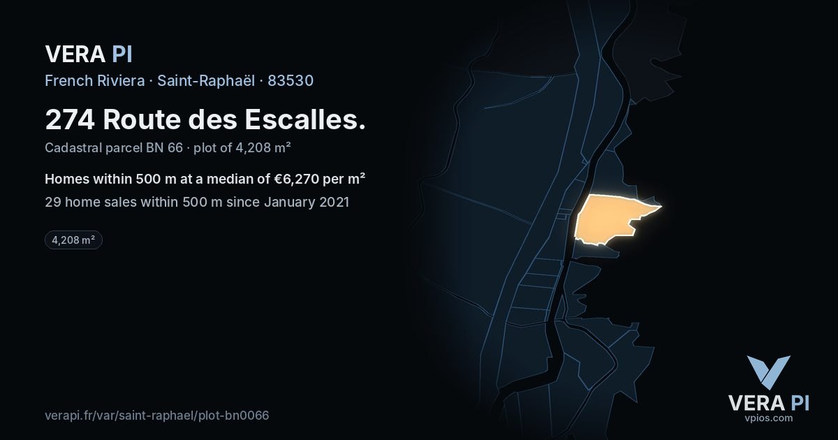 274 Route des Escalles, Saint-Raphaël at night – the plot lit, the parcels around coloured by the prices near them