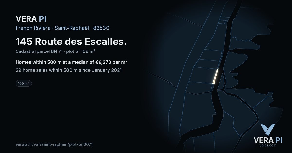 145 Route des Escalles, Saint-Raphaël at night – the plot lit, the parcels around coloured by the prices near them