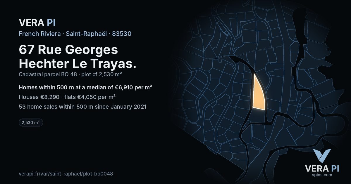 67 Rue Georges Hechter Le Trayas, Saint-Raphaël at night – the plot lit, the parcels around coloured by the prices near them