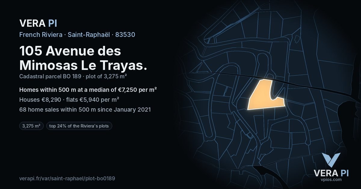 105 Avenue des Mimosas Le Trayas, Saint-Raphaël at night – the plot lit, the parcels around coloured by the prices near them