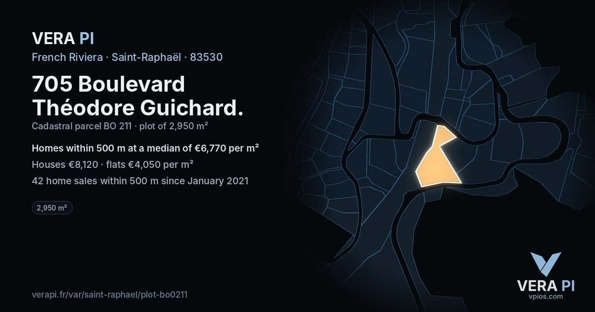 705 Boulevard Théodore Guichard, Saint-Raphaël at night – the plot lit, the parcels around coloured by the prices near them