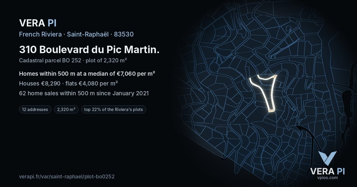 310 Boulevard du Pic Martin, Saint-Raphaël at night – the plot lit, the parcels around coloured by the prices near them