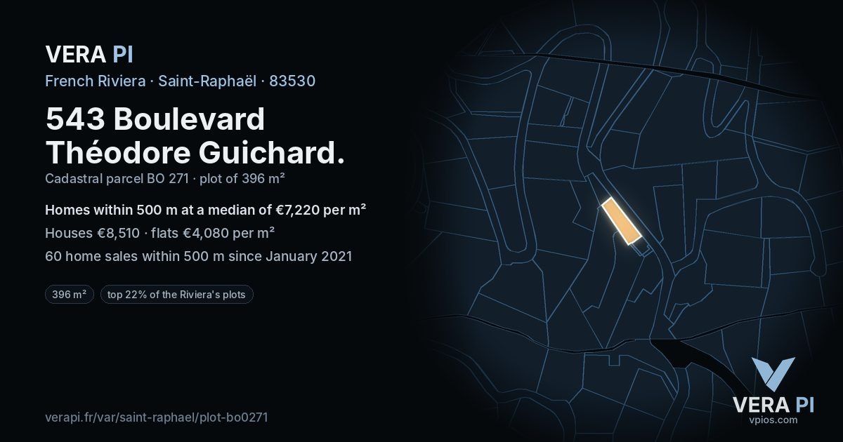 543 Boulevard Théodore Guichard, Saint-Raphaël at night – the plot lit, the parcels around coloured by the prices near them