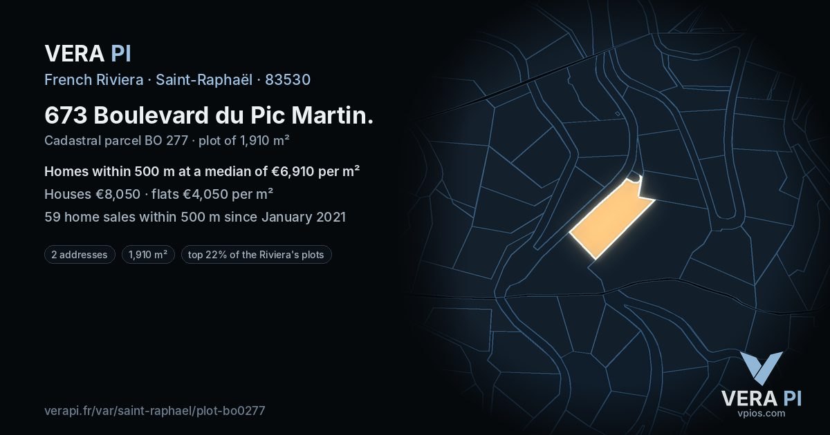 673 Boulevard du Pic Martin, Saint-Raphaël at night – the plot lit, the parcels around coloured by the prices near them