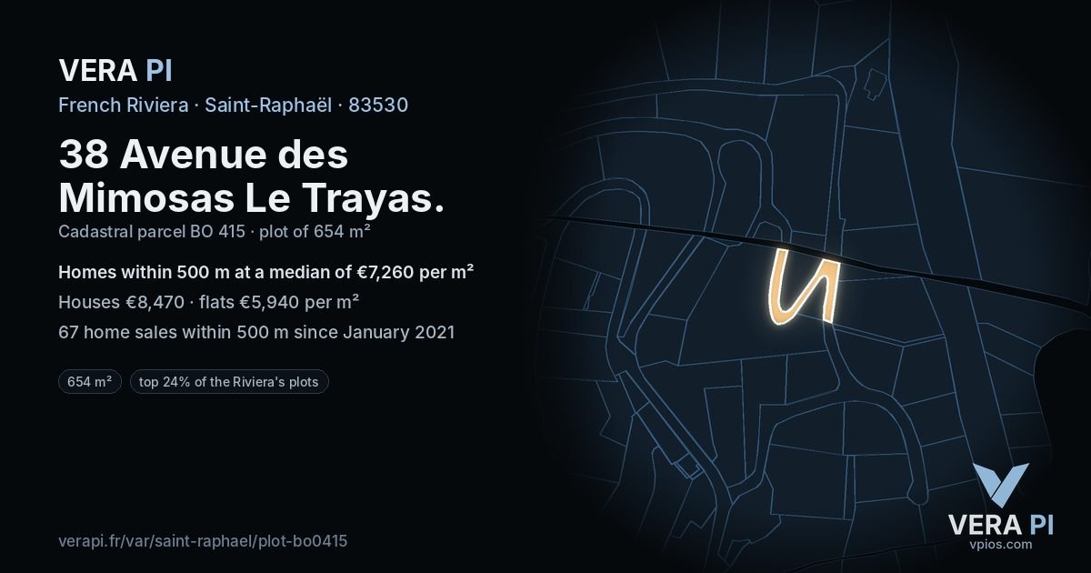 38 Avenue des Mimosas Le Trayas, Saint-Raphaël at night – the plot lit, the parcels around coloured by the prices near them