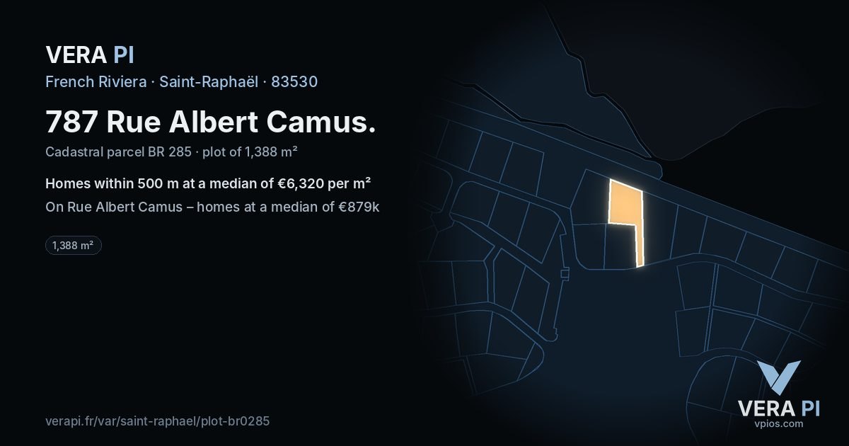 787 Rue Albert Camus, Saint-Raphaël at night – the plot lit, the parcels around coloured by the prices near them