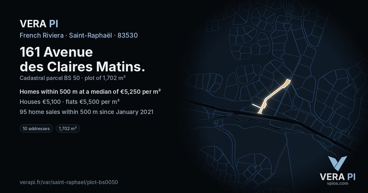 161 Avenue des Claires Matins, Saint-Raphaël at night – the plot lit, the parcels around coloured by the prices near them