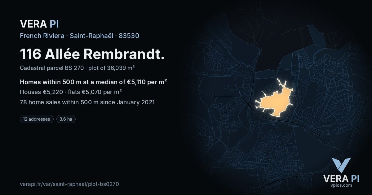 116 Allée Rembrandt, Saint-Raphaël at night – the plot lit, the parcels around coloured by the prices near them