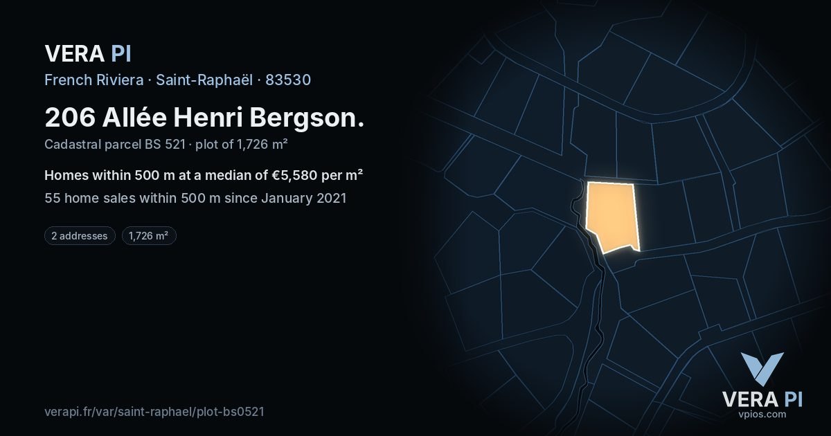 206 Allée Henri Bergson, Saint-Raphaël at night – the plot lit, the parcels around coloured by the prices near them