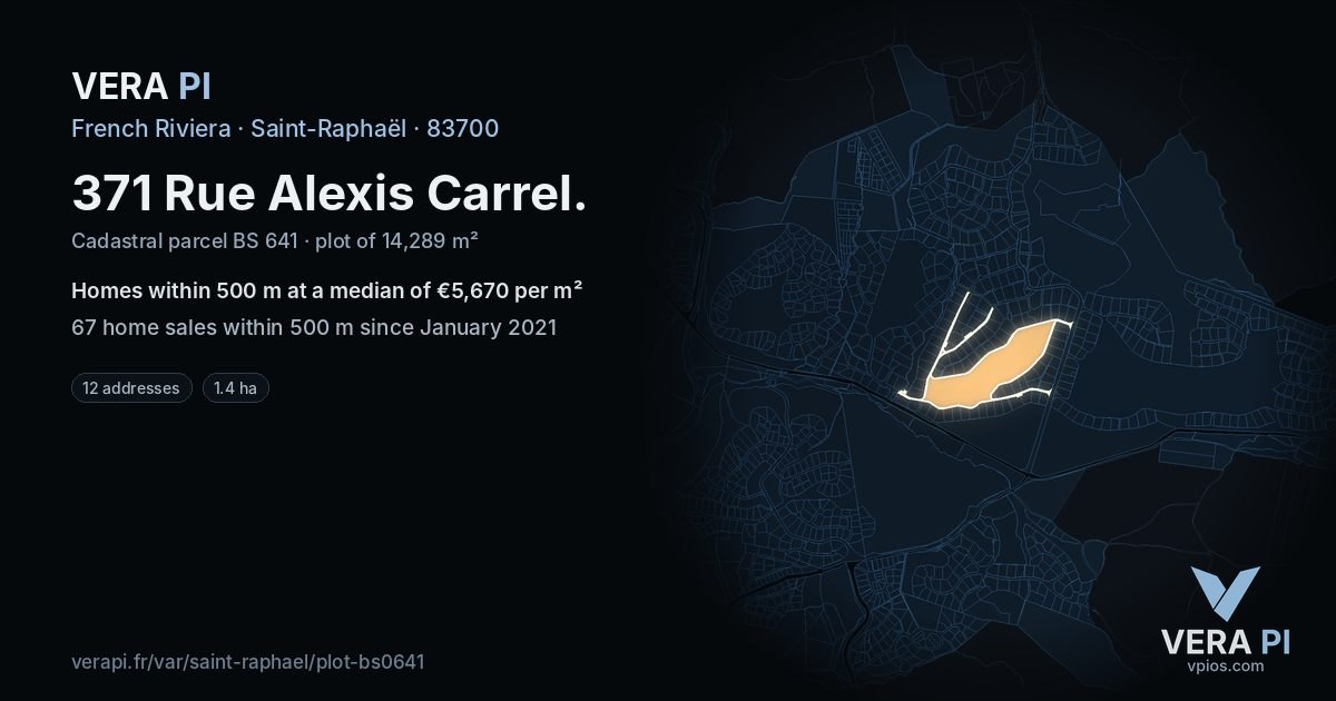 371 Rue Alexis Carrel, Saint-Raphaël at night – the plot lit, the parcels around coloured by the prices near them