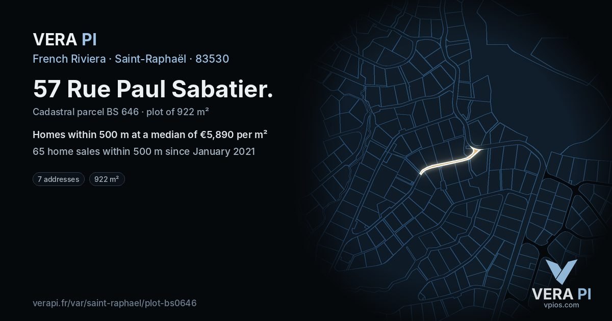 57 Rue Paul Sabatier, Saint-Raphaël at night – the plot lit, the parcels around coloured by the prices near them