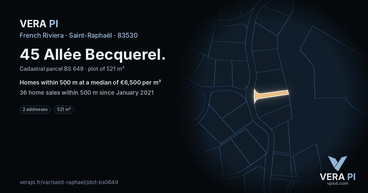 45 Allée Becquerel, Saint-Raphaël at night – the plot lit, the parcels around coloured by the prices near them