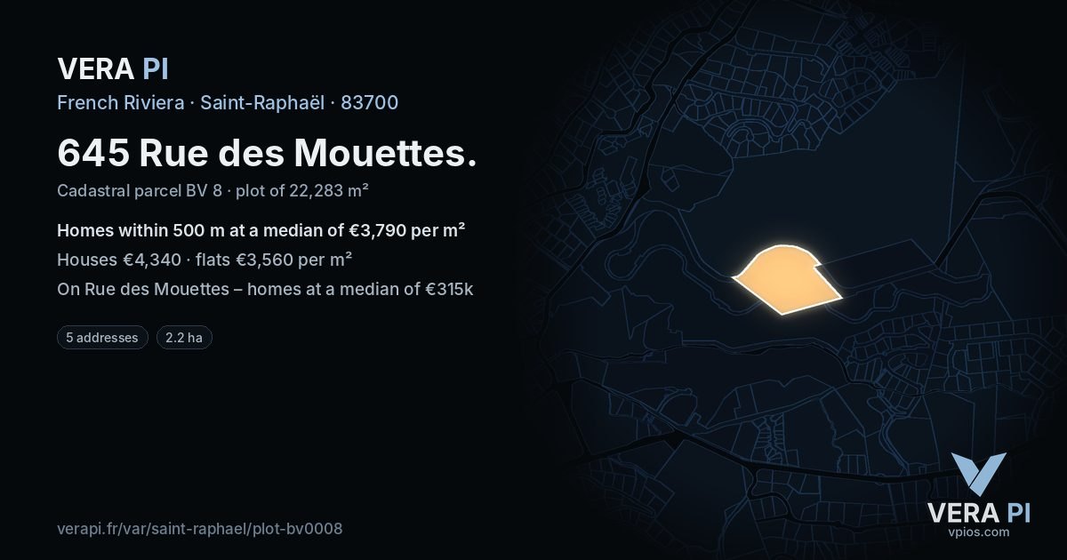 645 Rue des Mouettes, Saint-Raphaël at night – the plot lit, the parcels around coloured by the prices near them