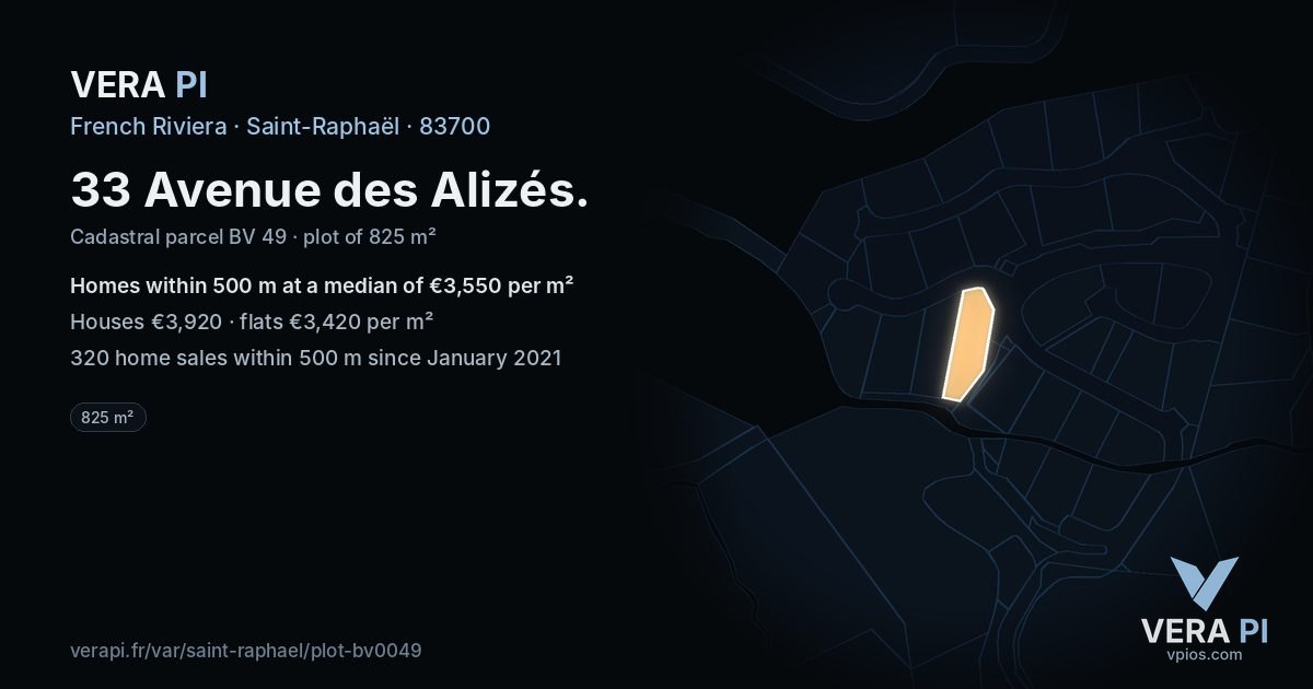 33 Avenue des Alizés, Saint-Raphaël at night – the plot lit, the parcels around coloured by the prices near them