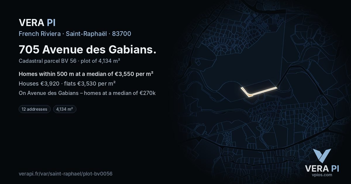 705 Avenue des Gabians, Saint-Raphaël at night – the plot lit, the parcels around coloured by the prices near them