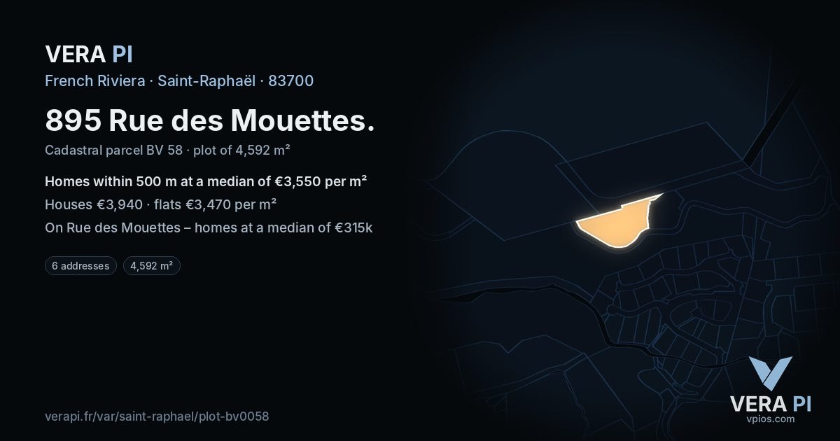 895 Rue des Mouettes, Saint-Raphaël at night – the plot lit, the parcels around coloured by the prices near them