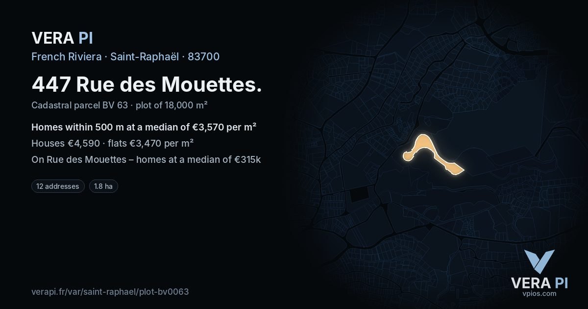 447 Rue des Mouettes, Saint-Raphaël at night – the plot lit, the parcels around coloured by the prices near them