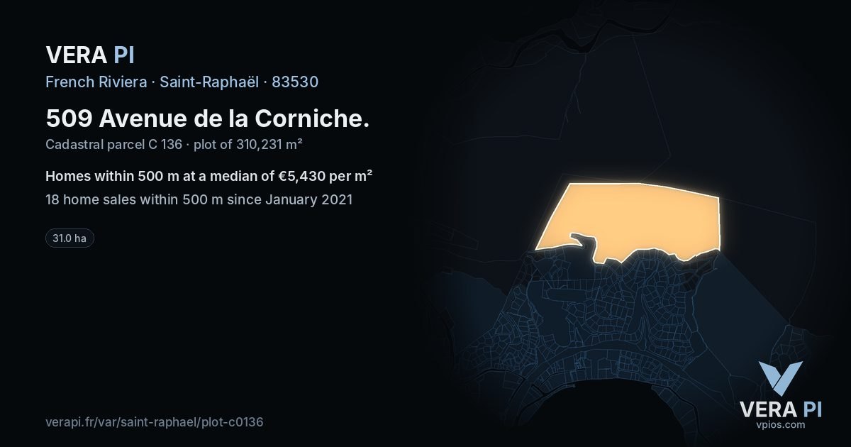 509 Avenue de la Corniche, Saint-Raphaël at night – the plot lit, the parcels around coloured by the prices near them