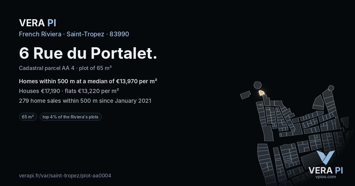 6 Rue du Portalet, Saint-Tropez at night – the plot lit, the parcels around coloured by the prices near them