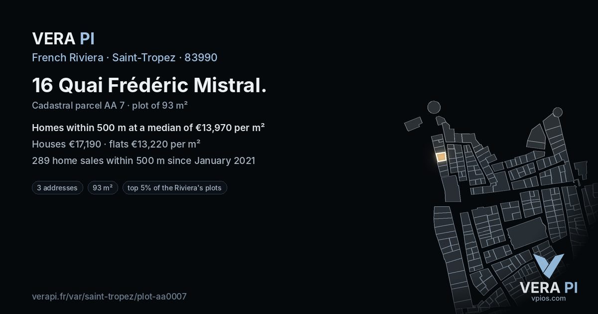 16 Quai Frédéric Mistral, Saint-Tropez at night – the plot lit, the parcels around coloured by the prices near them