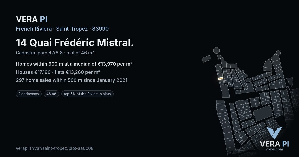 14 Quai Frédéric Mistral, Saint-Tropez at night – the plot lit, the parcels around coloured by the prices near them