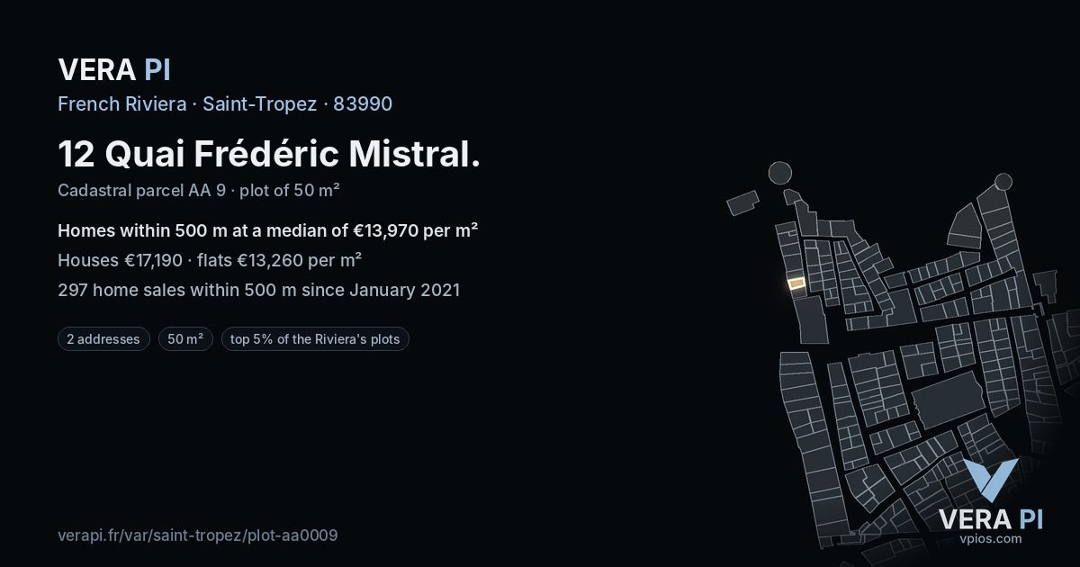 12 Quai Frédéric Mistral, Saint-Tropez at night – the plot lit, the parcels around coloured by the prices near them